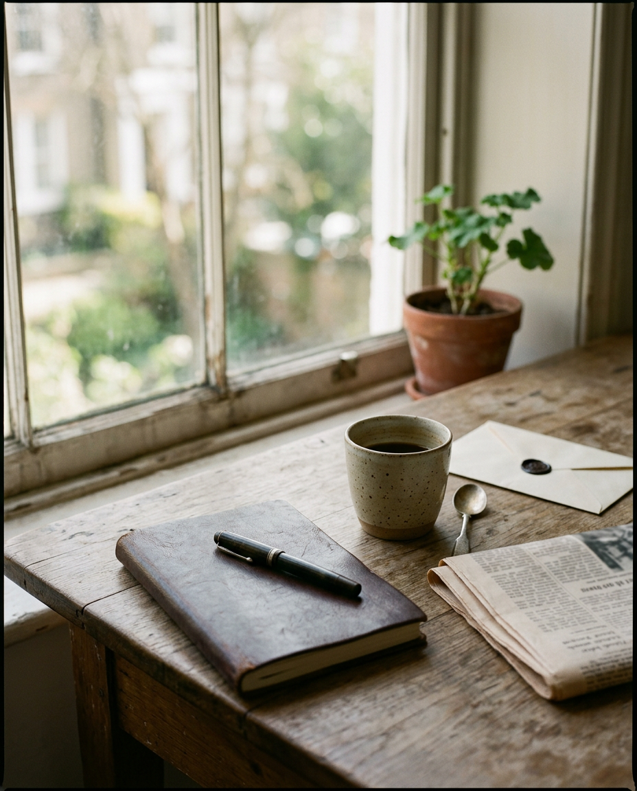 A notebook, pen and coffee cup on a desk beside a window.