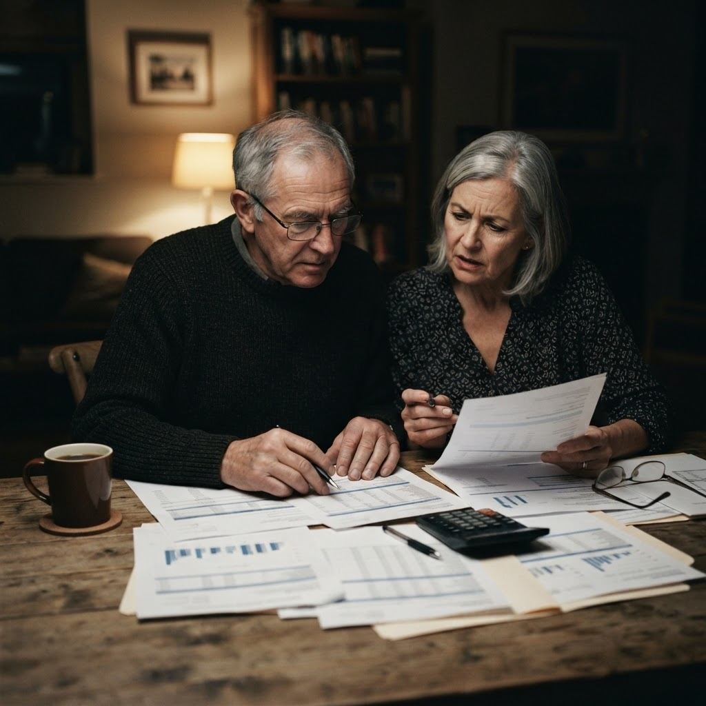 A retired couple reviews account statements together in the evening.