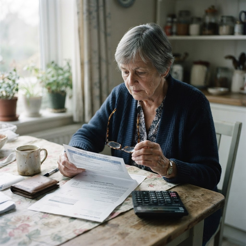 An older man reads a benefits statement at a kitchen table.