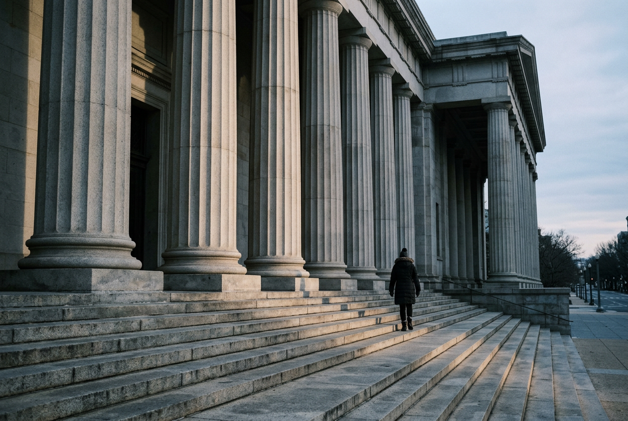 Stone columns and steps of a civic building in early morning light.